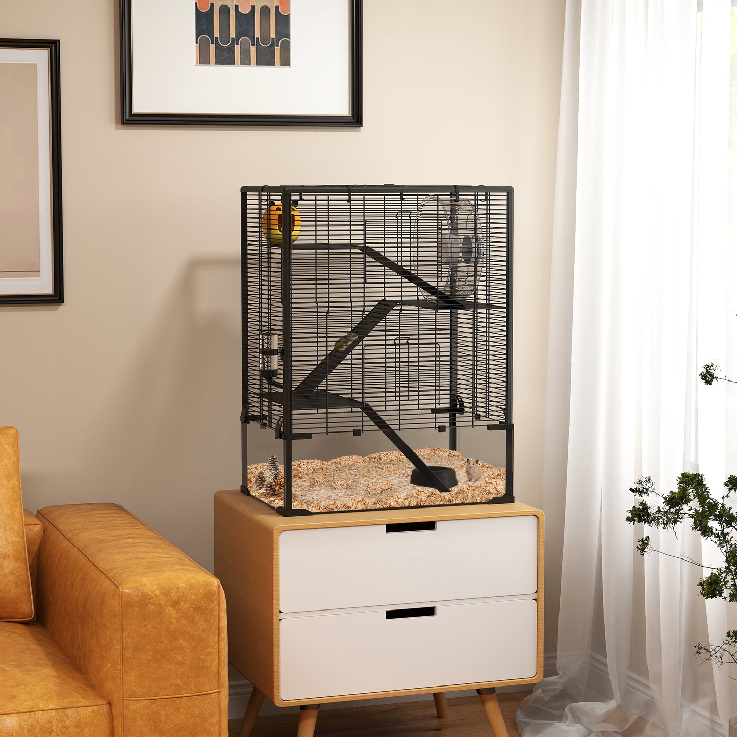 Four-Tier Hamster Cage with Deep Tempered Glass Bottom, Hut, Running Wheel, Food Dish, Water Bottle, 60 x 40 x 80cm