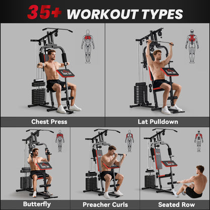 Multigym Station, with 66KG Weight Stack, for Strength Training - Red & Black