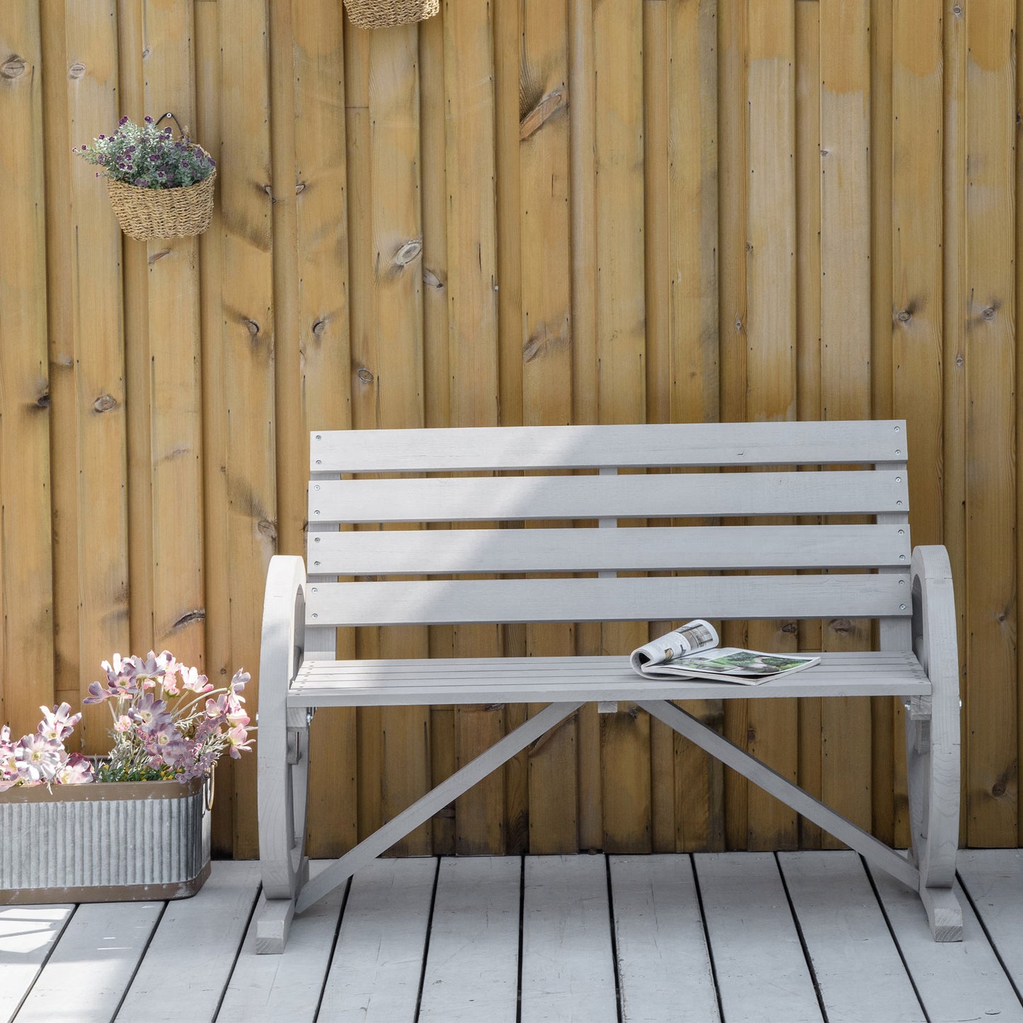 Wooden Cart Wagon Wheel 2 Seater Garden Bench Outdoor Garden Armrest Chair Rustic High Back Loveseat Grey
