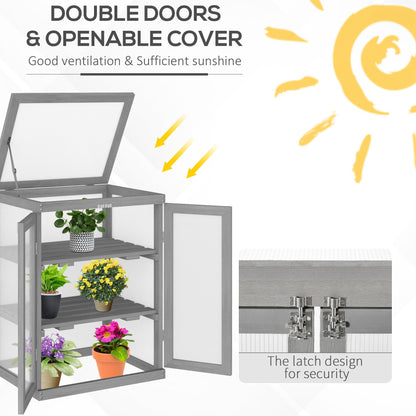 3-tier Wood Greenhouse Garden Polycarbonate Cold Frame Grow House w/ Storage Shelf, Dark Grey