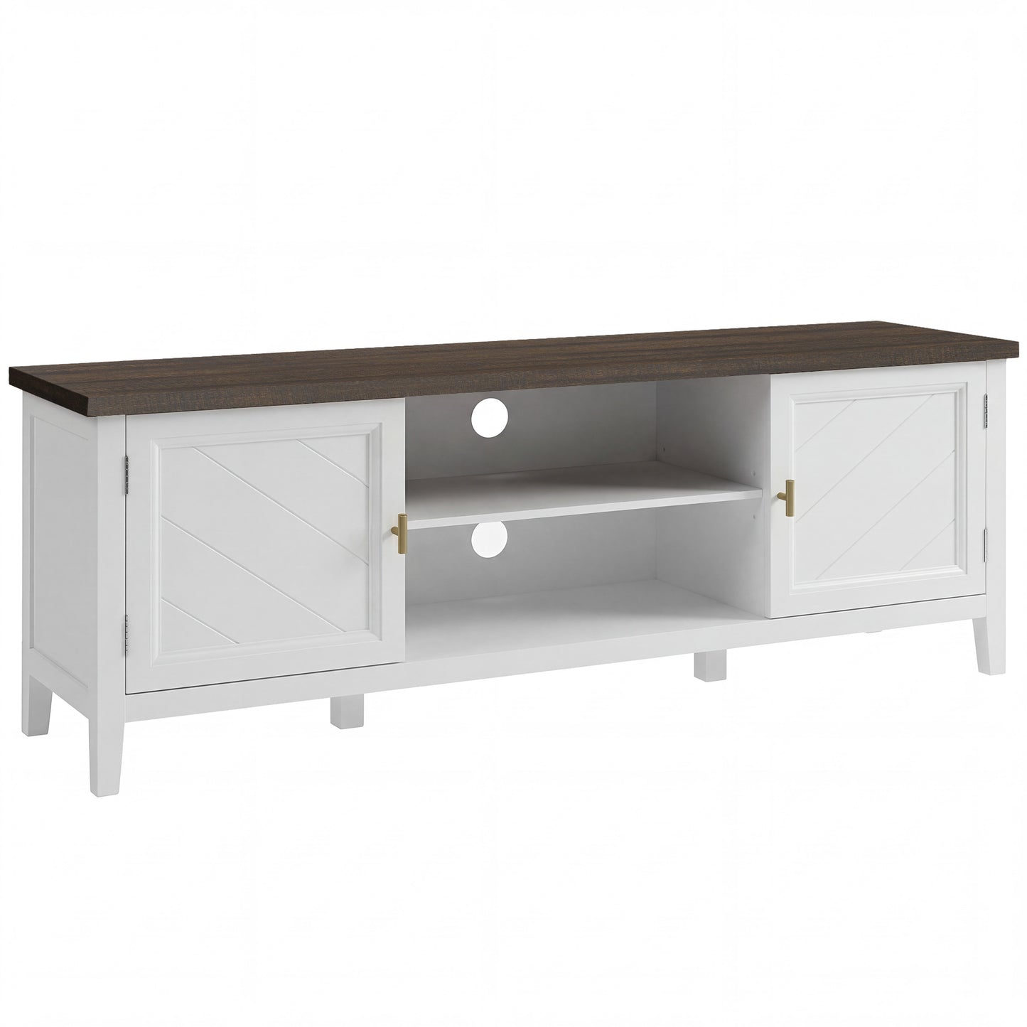 TV Unit for TVs up to 42 Inch, Farmhouse Entertainment Centre with 2 Open Shelves, 2 Cabinets and Thick Top
