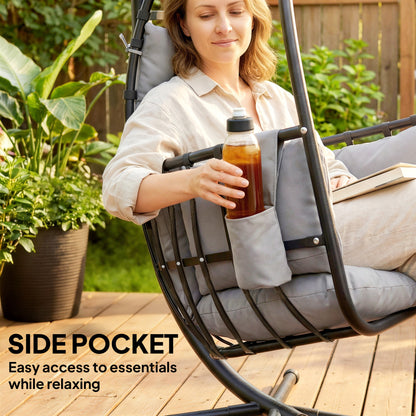 Hanging Egg Chair, Indoor Outdoor Swinging Hammock Chair with Stand, Foldable Basket, Side Pocket, Dark Grey