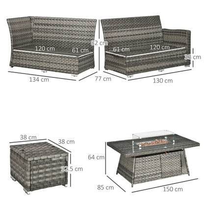 All-Season Fire Pit Patio Furniture Set Wicker Sofa Set With 50000 Btu Fire Table For Outdoor Gatherings - Grey