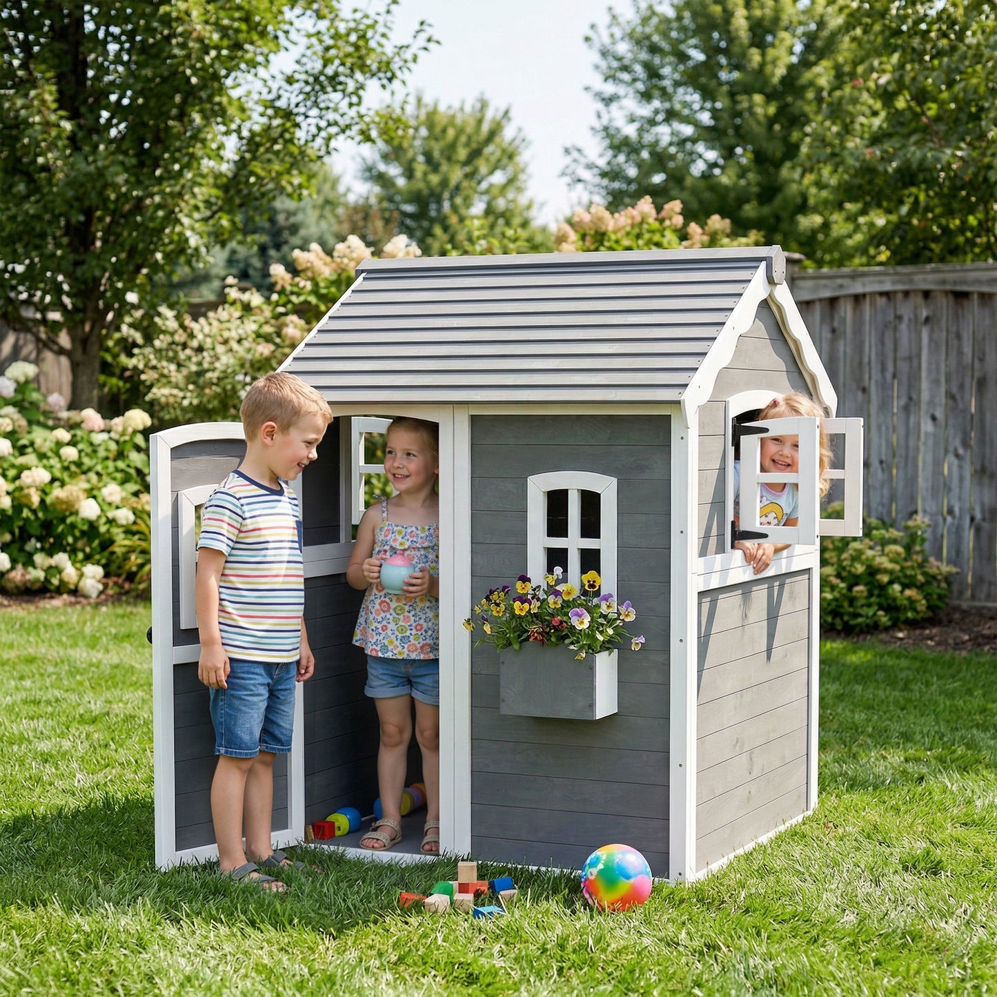 Wooden Playhouse for Kids with Doors, Windows, Plant Box, Floors, for Ages 3-8 Years, for Gardens, Lawns, Patios - Grey