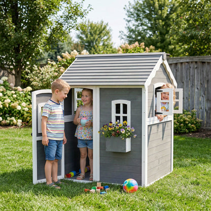 Wooden Playhouse for Kids with Doors, Windows, Plant Box, Floors, for Ages 3-8 Years, for Gardens, Lawns, Patios - Grey
