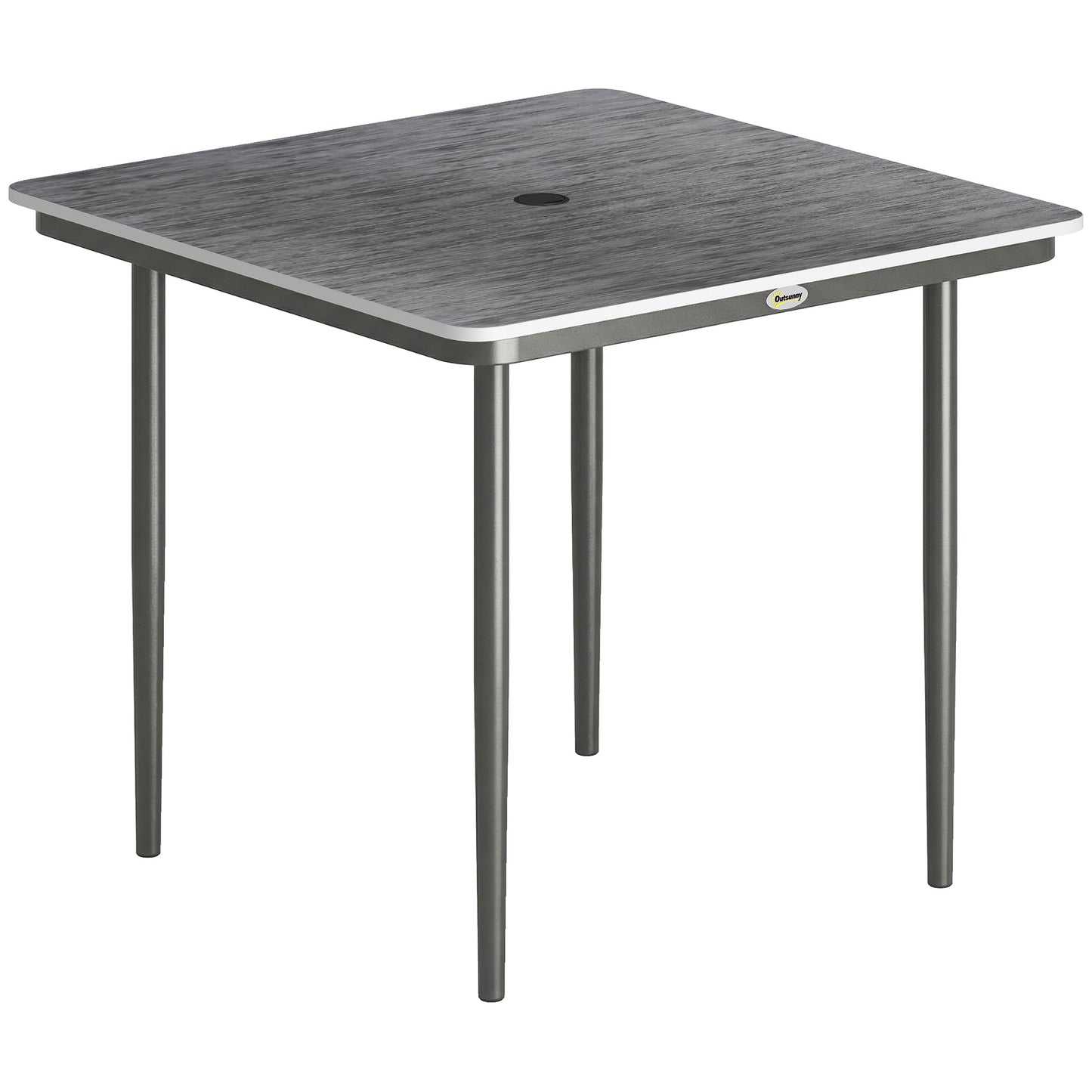 Garden Dining Table for 4, 85 cm Square Outdoor Table with Umbrella Hole, Faux Wood Top, Metal Legs, Dark Grey