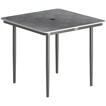 Garden Dining Table for 4, 85 cm Square Outdoor Table with Umbrella Hole, Faux Wood Top, Metal Legs, Dark Grey
