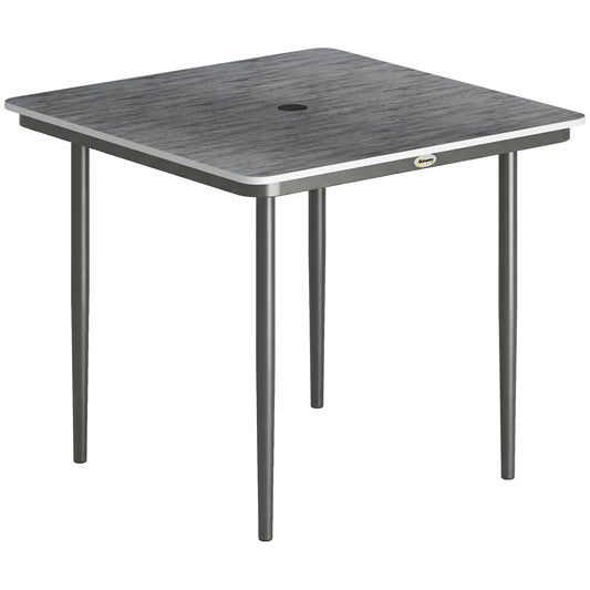 Garden Dining Table for 4, 85 cm Square Outdoor Table with Umbrella Hole, Faux Wood Top, Metal Legs, Dark Grey