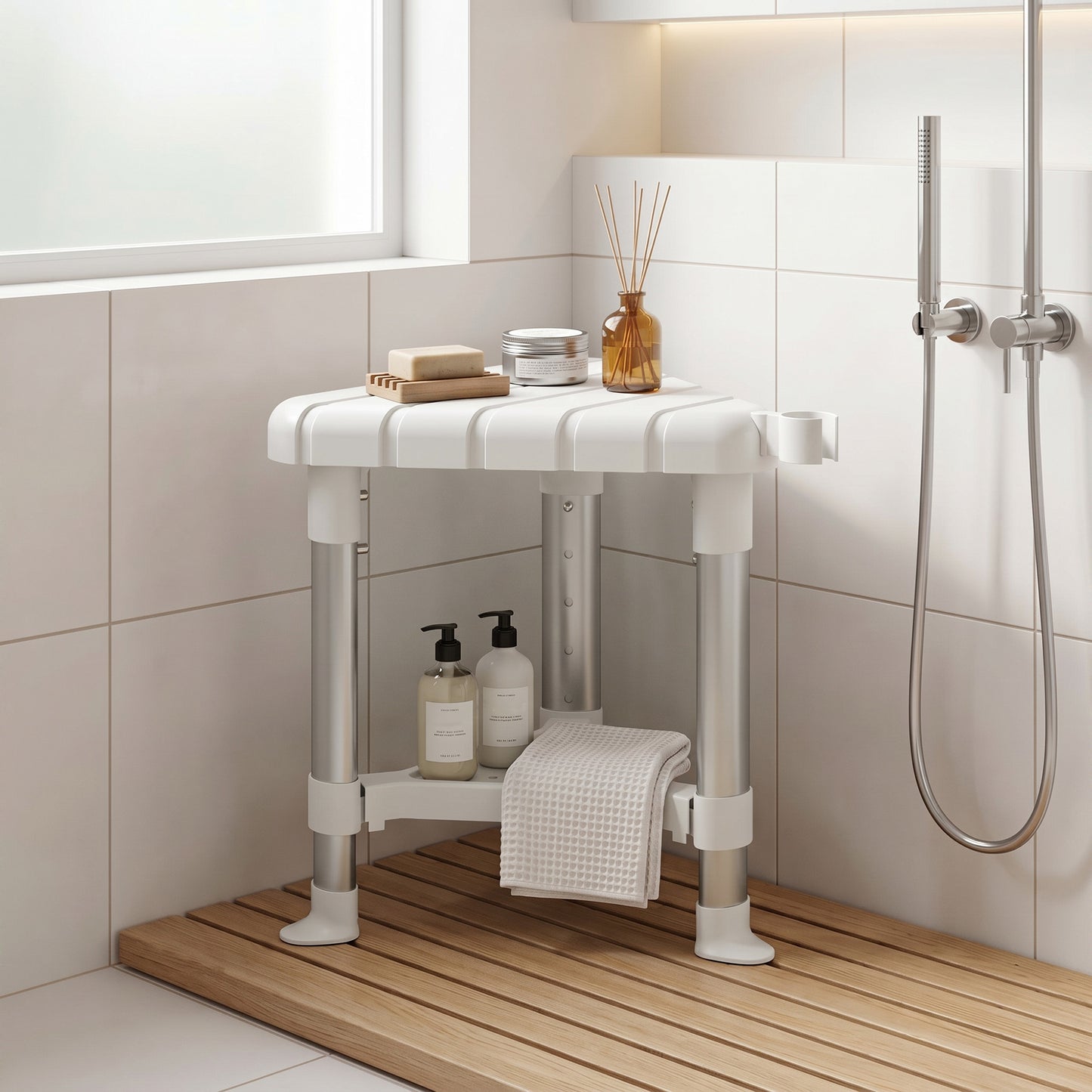 Shower Stool, Aluminium Alloy Corner Shower Chair with Storage Shelf and HDPE Seat, Adjustable Height, White