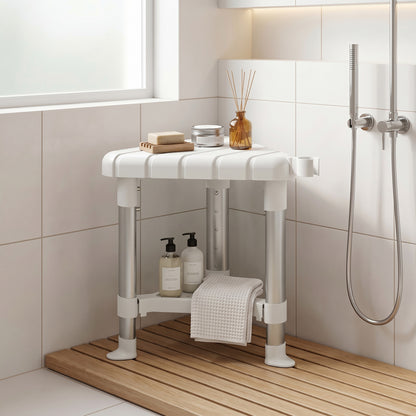 Shower Stool, Aluminium Alloy Corner Shower Chair with Storage Shelf and HDPE Seat, Adjustable Height, White