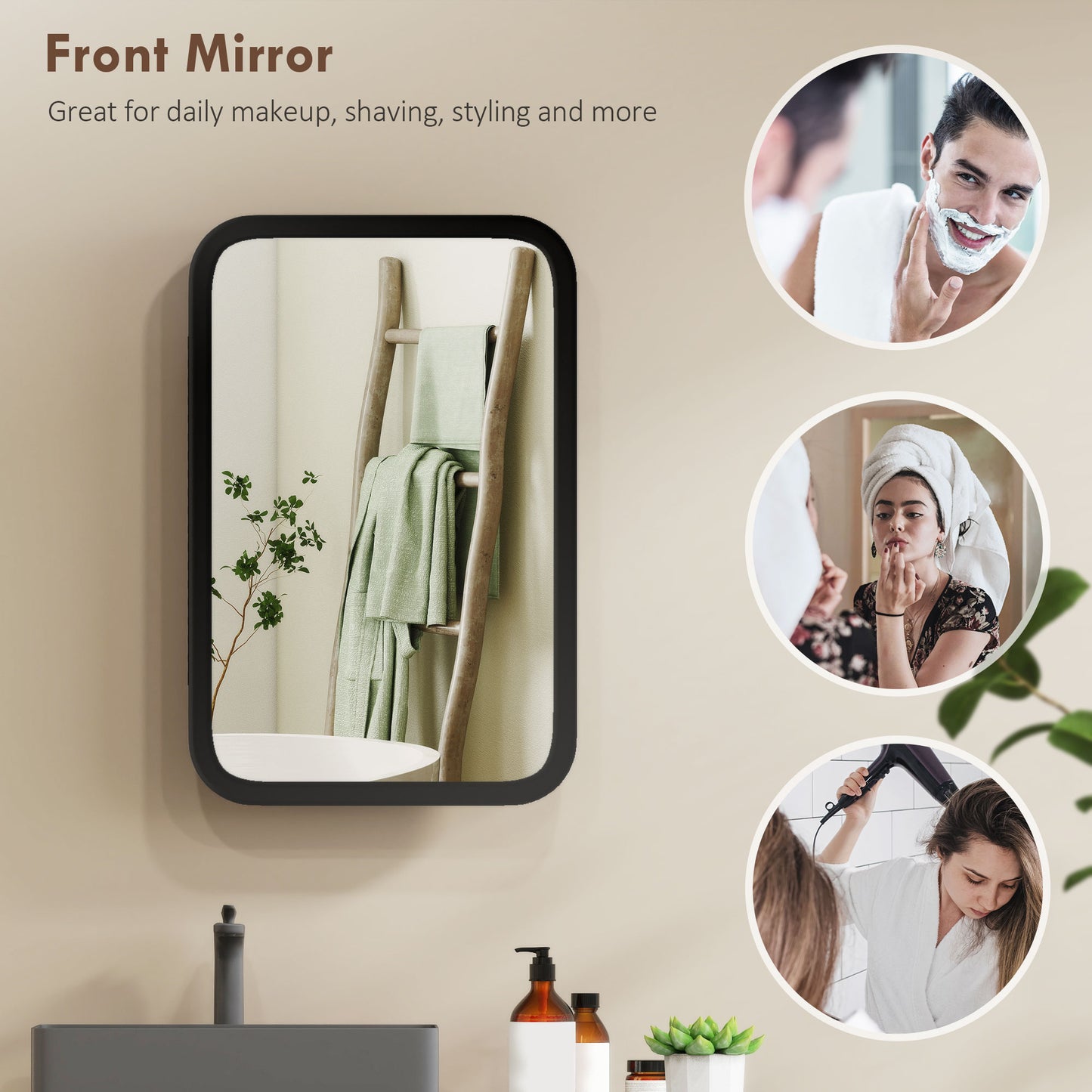 Bathroom Wall Cabinet with Tempered Mirror Metal Bathroom Mirror Cabinet with 3 Shelves Black