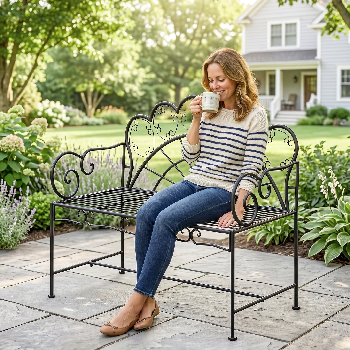 Metal Garden Bench Loveseat with Slatted Seat, Black