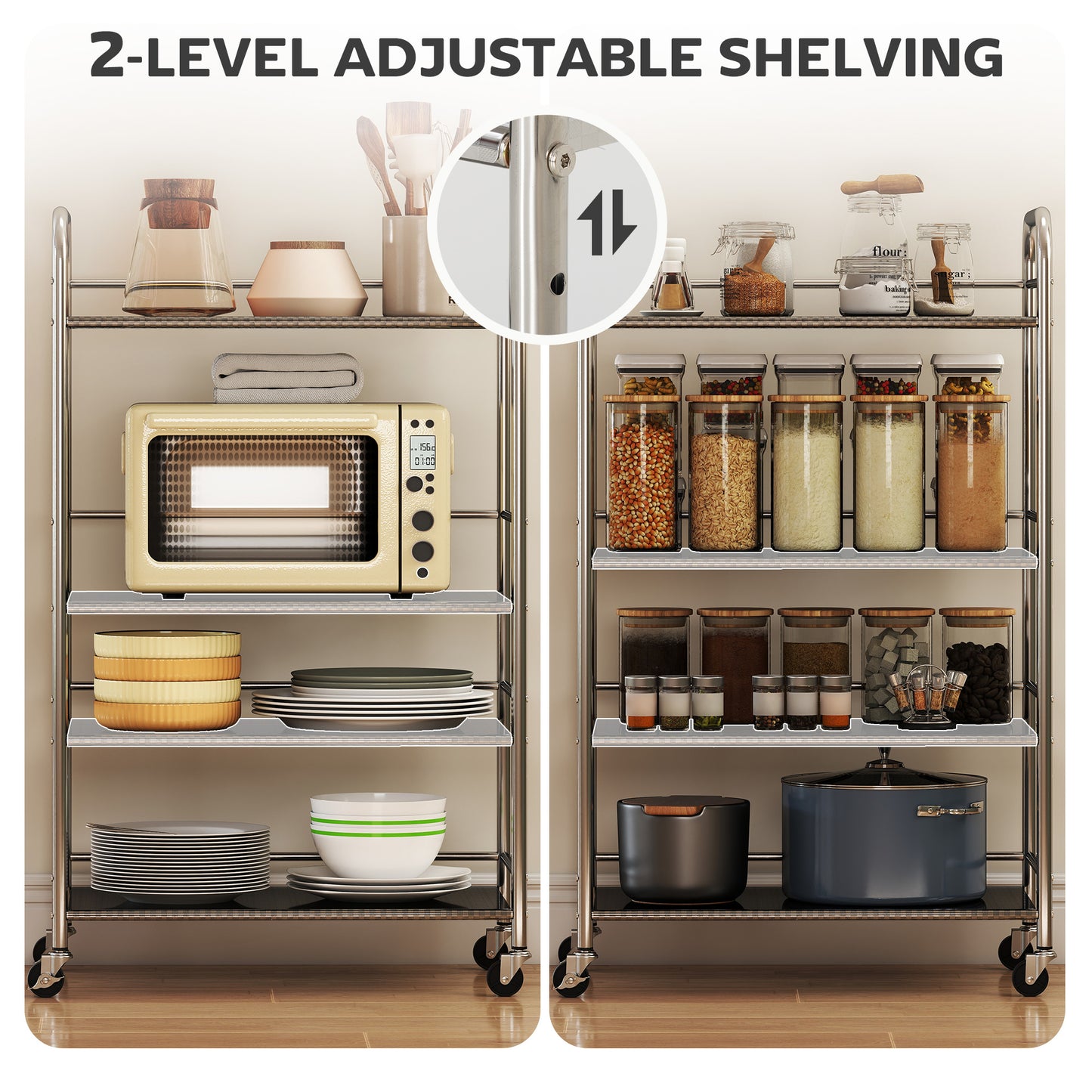 4 Tier Stainless Steel Kitchen Storage Trolley with Adjustable Shelves - Silver