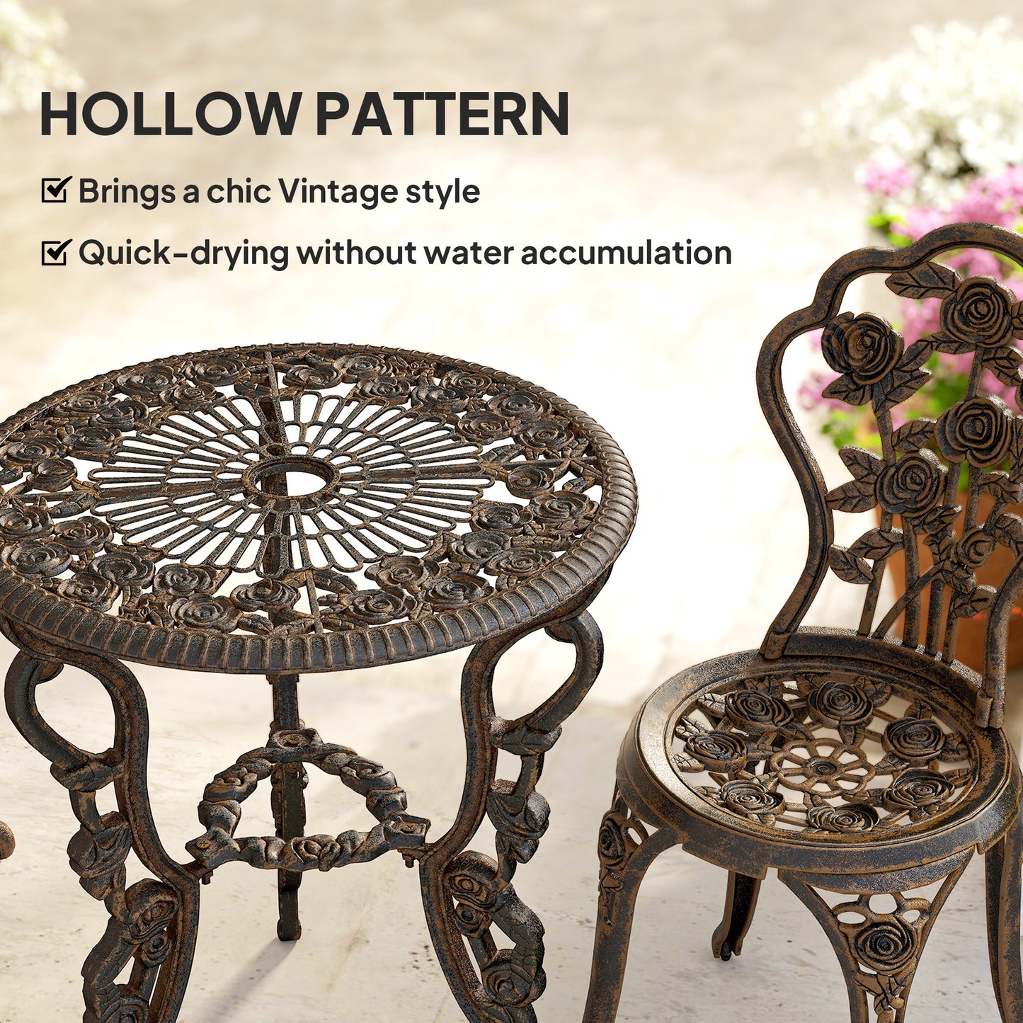 Outdoor Bistro Set Vintage Rose Design Patio Furniture Set with Round Table and 2 Chairs Metallic Finish