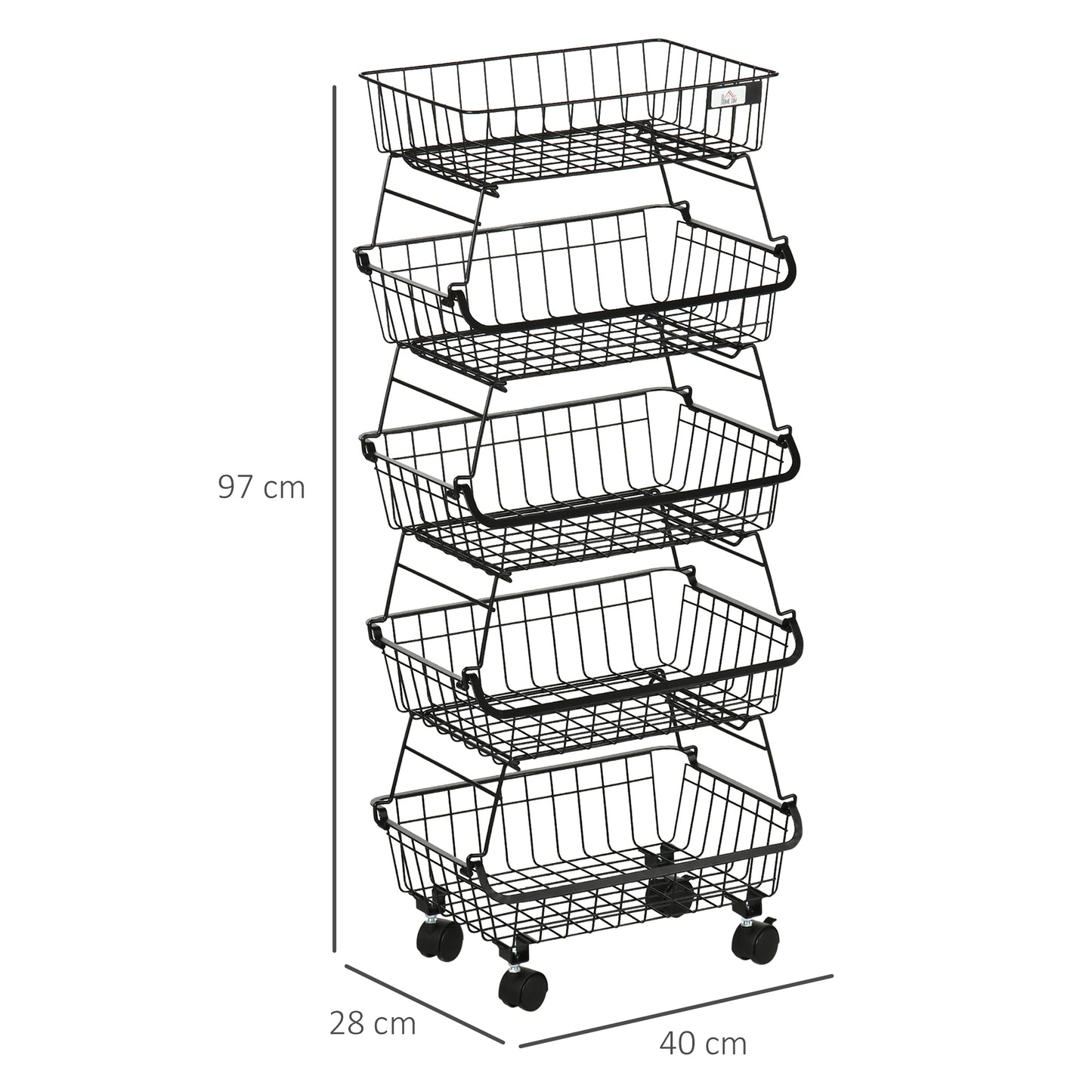 5 Tier Storage Trolley, Stackable Fruit Vegetable Cart for Kitchen, Living Room, 40 x 2 x 97 cm, Black