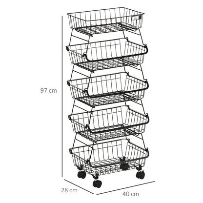 5 Tier Storage Trolley, Stackable Fruit Vegetable Cart for Kitchen, Living Room, 40 x 2 x 97 cm, Black