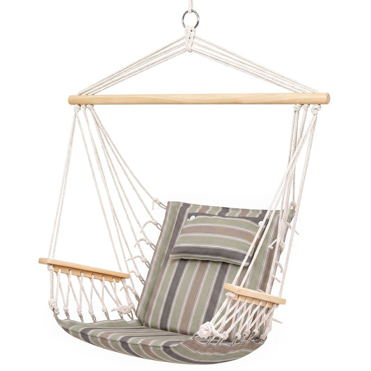 Garden Outdoor Hanging Hammock Chair Thick Rope Frame Wooden Arms Safe Garden Outdoor Spot Stylish Multicoloured stripes
