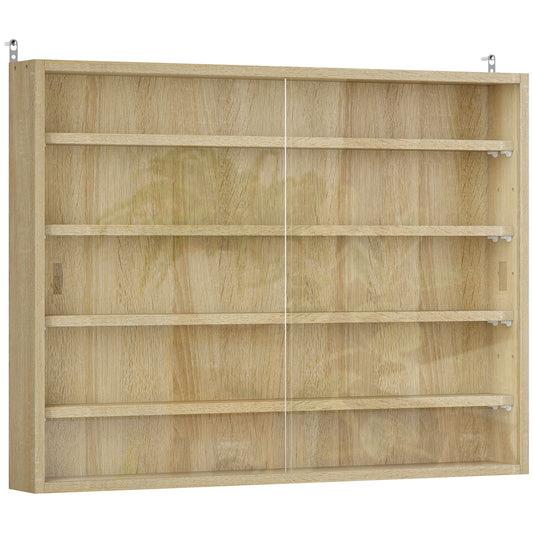 5-Tier Wall Display Shelf Unit Cabinet w/ 4 Adjustable Shelves Glass Doors Home Office Ornaments 60x80cm Oak