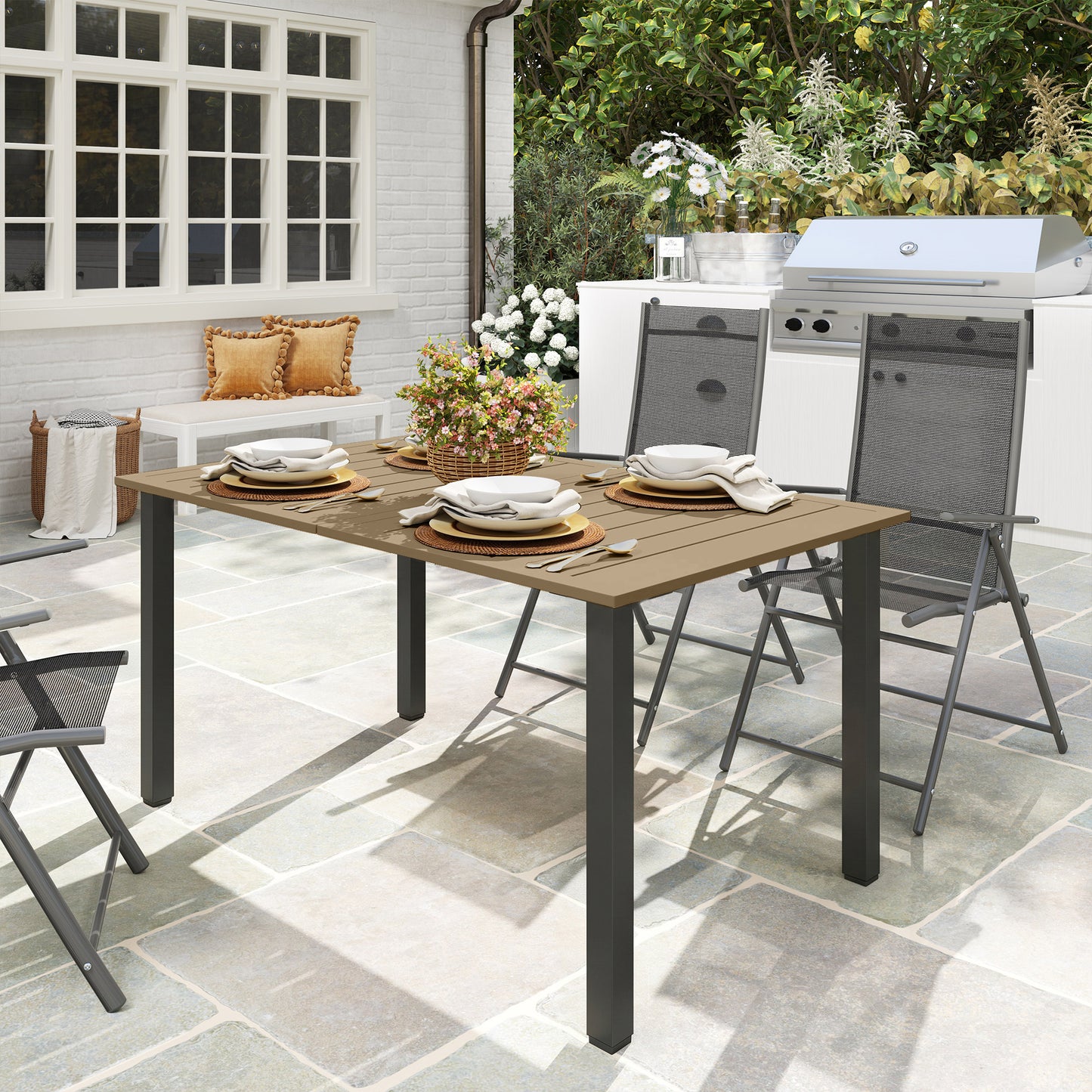 Garden Dining Table for 6 with Parasol Hole, Rectangle Outdoor Garden Table with Slatted Metal Top, Steel Frame, Brown