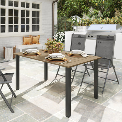Garden Dining Table for 6 with Parasol Hole, Rectangle Outdoor Garden Table with Slatted Metal Top, Steel Frame, Brown