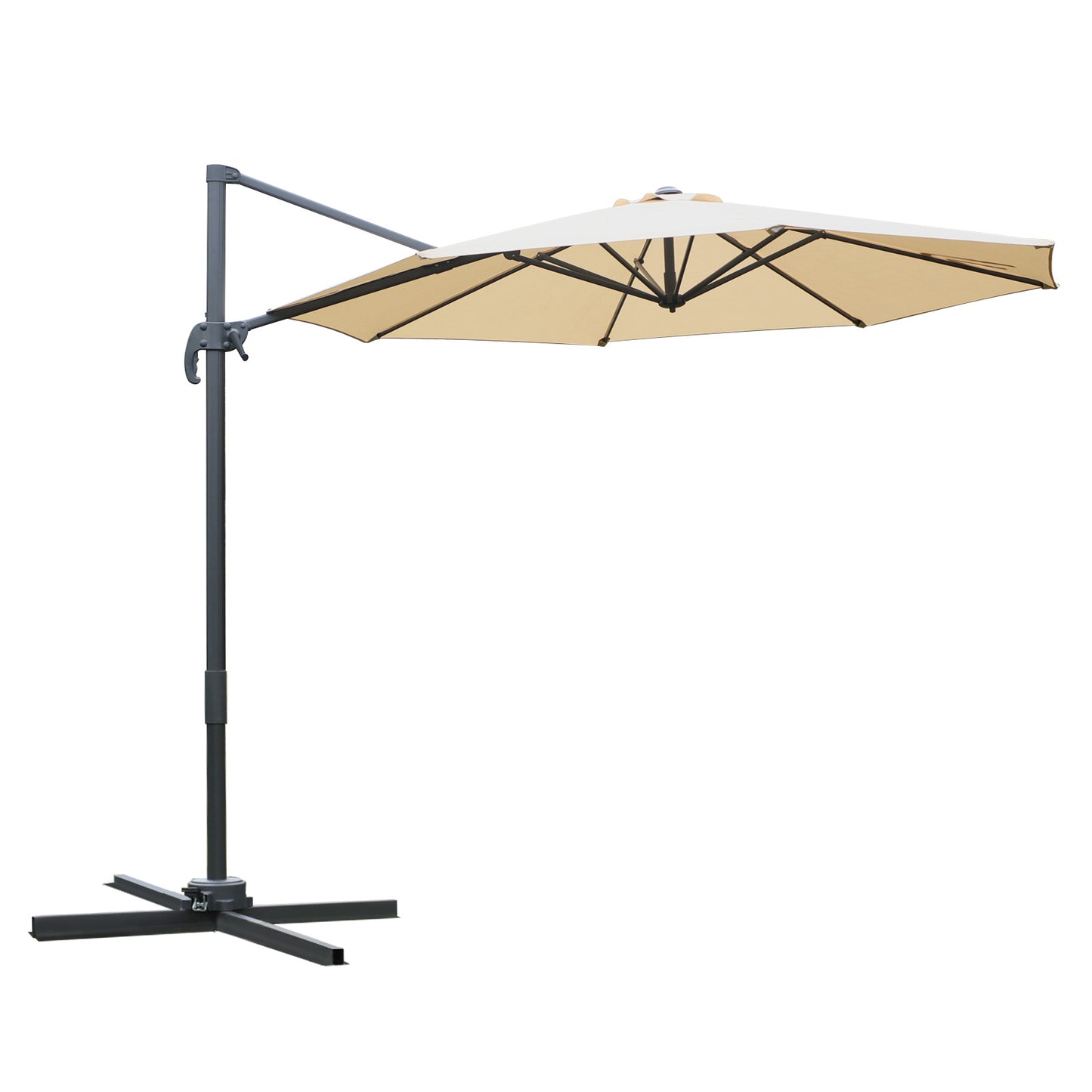 Round Umbrella Parasol with Tilt 360° Rotation and Hand Crank Cross Base - Beige