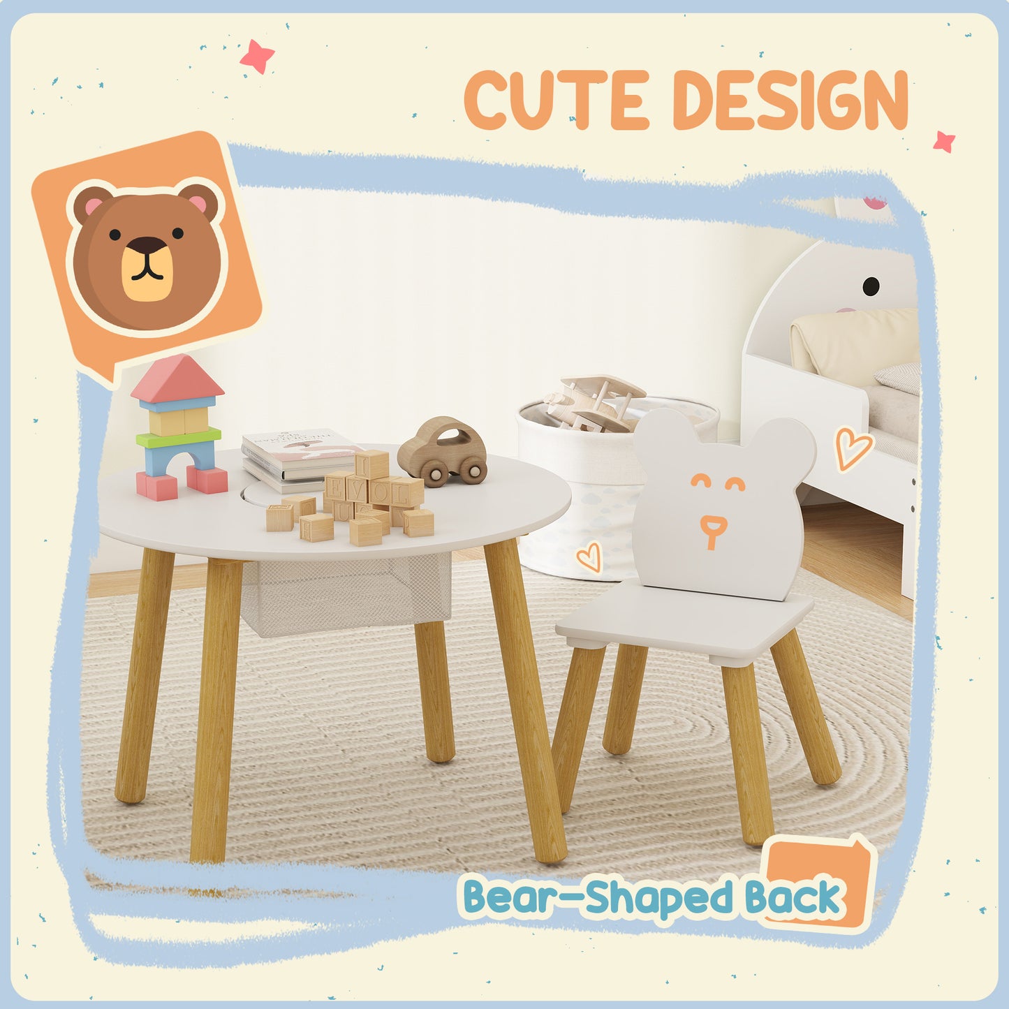 3-Piece Kids Activity Table Set with Centre Mesh Bag, Bear-Shaped Backrest, for Arts and Crafts, Reading, White