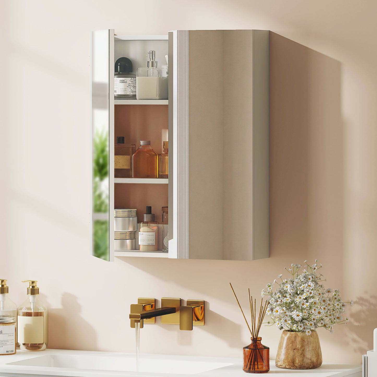 Wall Mounted Bathroom Mirror Storage Cabinet w/ Door Adjustable Shelf, White