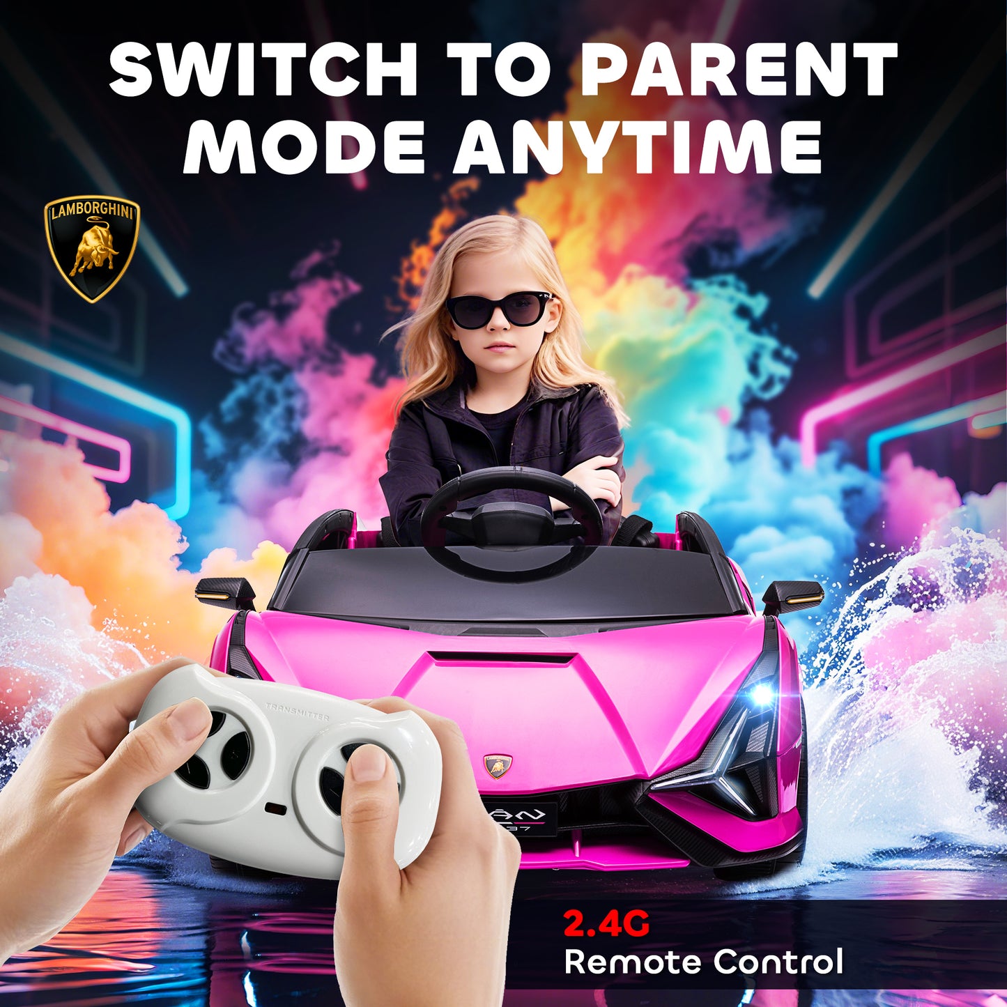 Lamborghini Sian Licensed Electric Car for Kids, 12V Kids Electric Ride on Car with Dual Motors, Remote Control, Pink