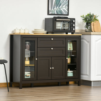 Modern Storage Cabinet, Sideboard with Oak Top, 4 Doors, 2 Drawers and 5 Adjustable Shelves, Black Brown