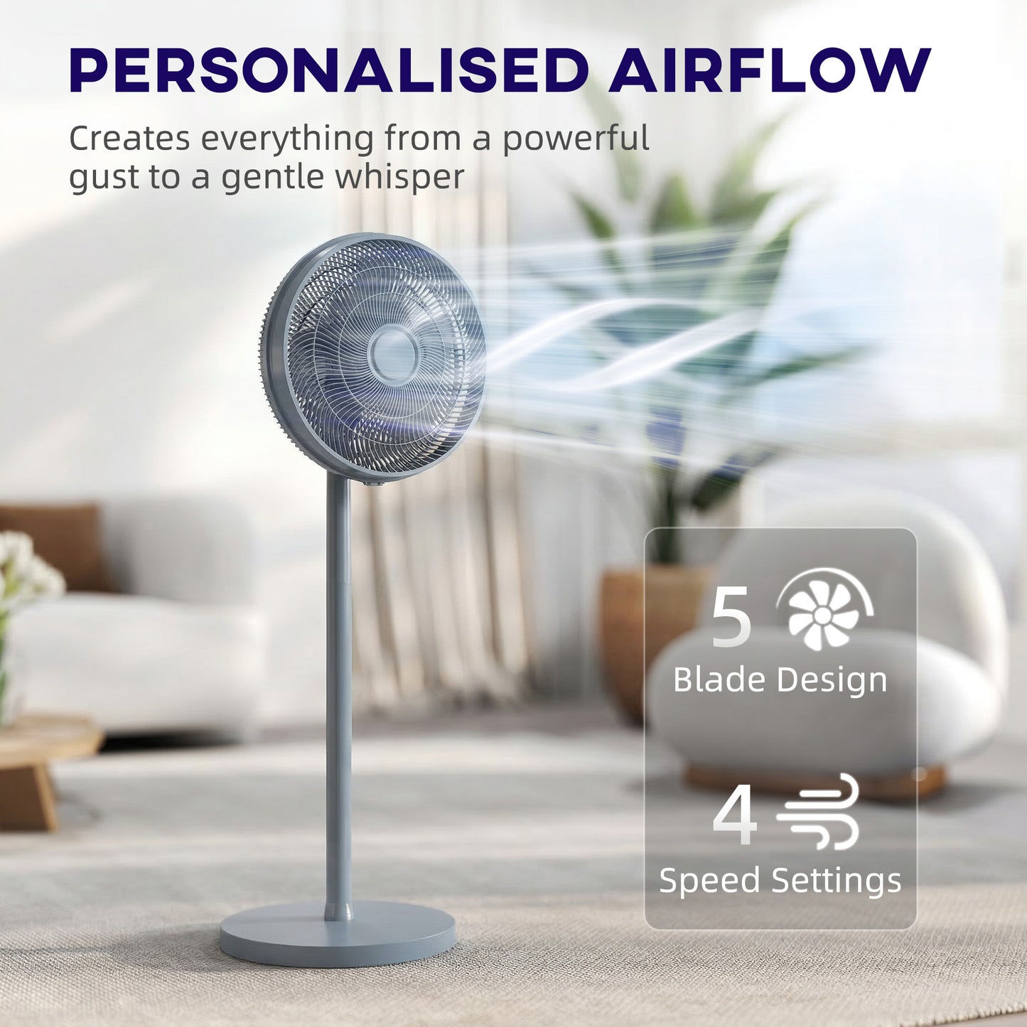 40 cm Standing Fan, Cooling Floor Fan with 80° Oscillating, Adjustable Tilt and Height, 4 Speed, Remote Control, Grey