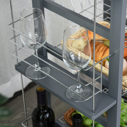 Rolling Kitchen Cart, Utility Storage Cart with 4 Basket Drawers & Side Racks, Wheels for Dining Room, Grey