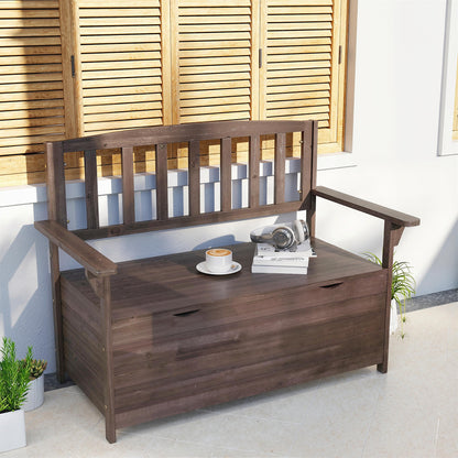 Outdoor 2 Seater Garden Bench, Wooden Bench with Storage, Backrest, Arm Rests, 112 x 84 x 58 cm, Brown