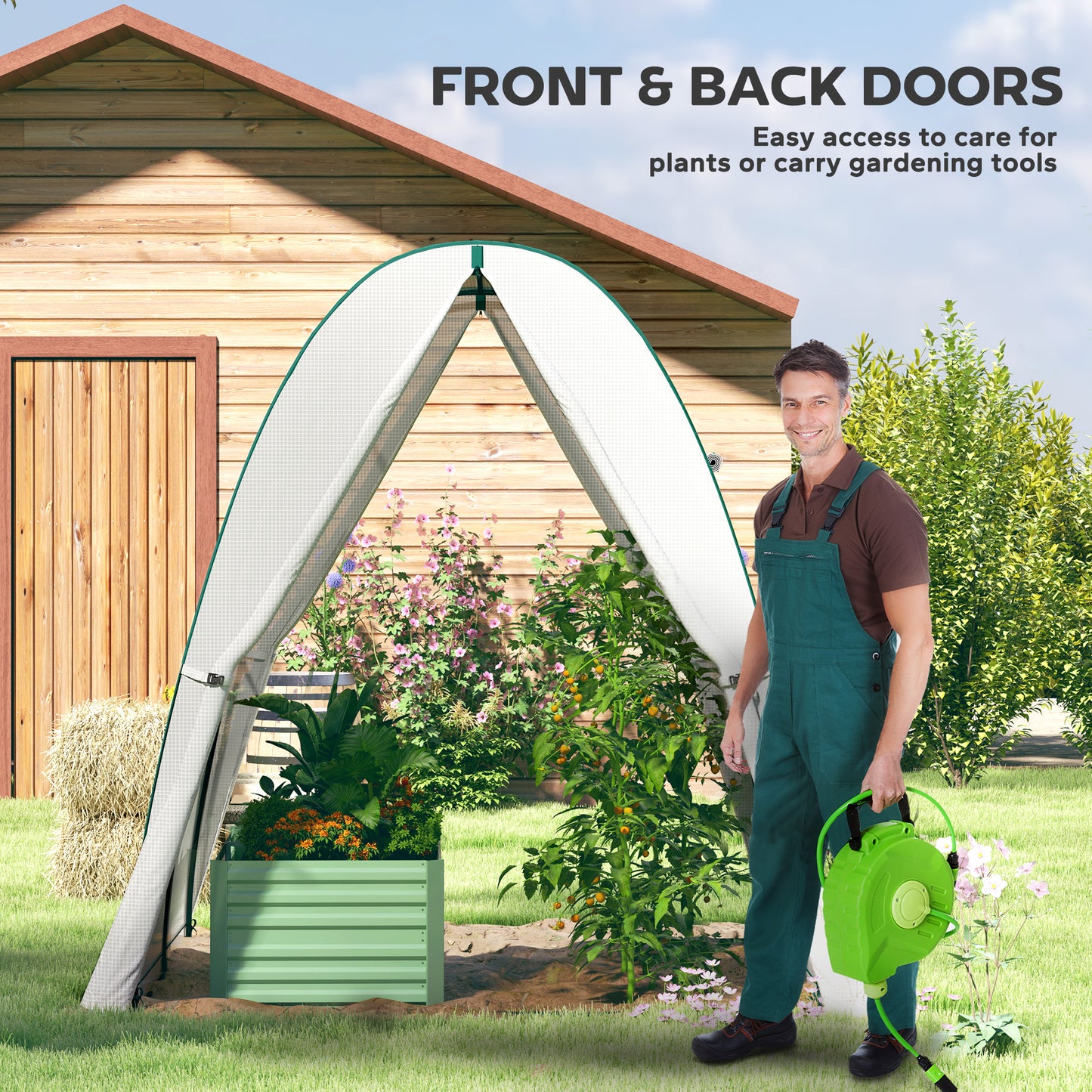 Polytunnel Greenhouse with Sandbags, Walk-In Tunnel Green House with 2 Doors and Screen Windows, 1.8 x 1.8 x 2m, White
