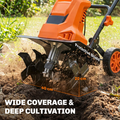 1500W Electric Garden Tiller w/Foldable Handle, 40cm Working Width, 20cm Tilling Depth, 6 Blades, 2 Adjustable Wheels