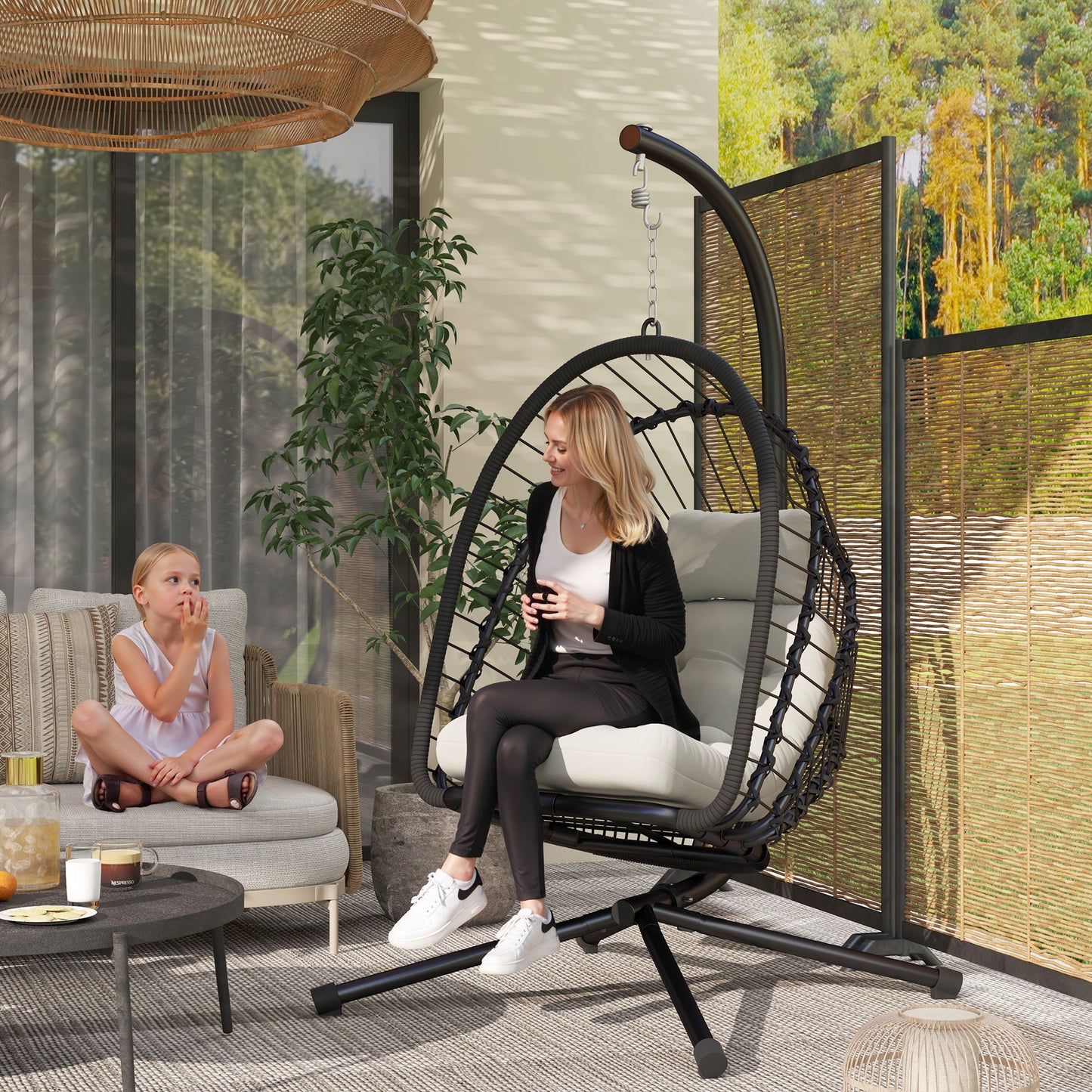 Outdoor PE Rattan Swing Chair with Foldable Basket and Cushion, Garden Patio Hanging Egg Chair with Metal Stand