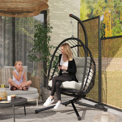Outdoor PE Rattan Swing Chair with Foldable Basket and Cushion, Garden Patio Hanging Egg Chair with Metal Stand
