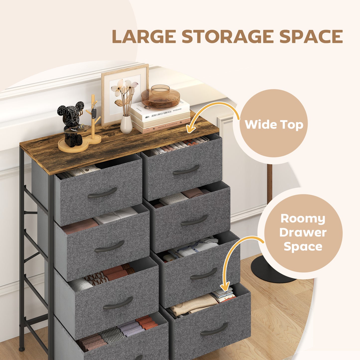 Fabric Chest of Drawers, Industrial Bedroom Dresser with 8 Fabric Drawers, Steel Frame and Wooden Top for Nursery