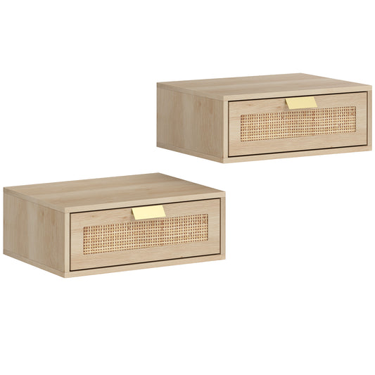 Floating Bedside Tables Set of 2, Wall Mounted Bedside Cabinets with Rattan Drawer and Wood Effect, Oak