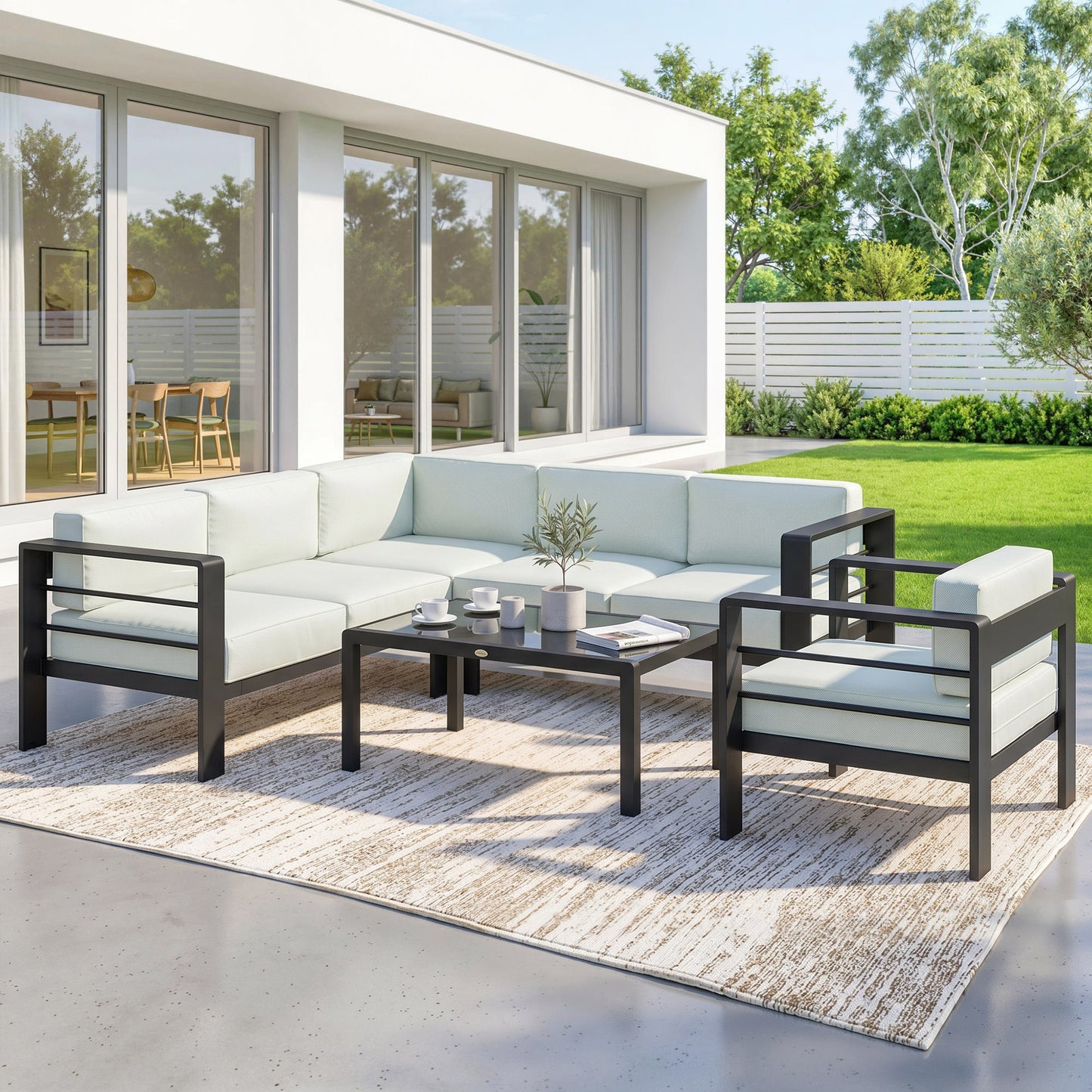 5-Piece Garden Corner Sofa Set with Cushions, 6 Seater Aluminium Garden Furniture Set with Coffee Table, Light Grey