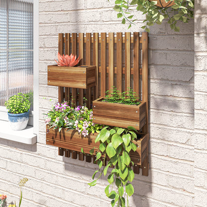 Wall-mounted Wooden Garden Planters with Trellis, Drainage Holes and 3 Planter Boxes for Patio, Carbonised