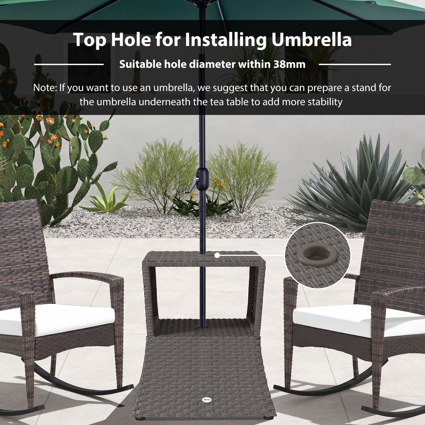 Rattan Outdoor Coffee Table, Wicker Garden Patio Bistro Side Table with Umbrella Hole and Storage Space, Dark Grey