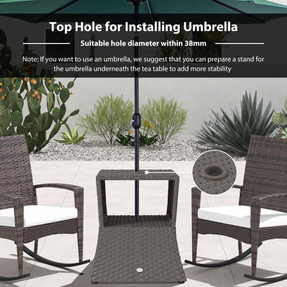 Rattan Outdoor Coffee Table, Wicker Garden Patio Bistro Side Table with Umbrella Hole and Storage Space, Dark Grey