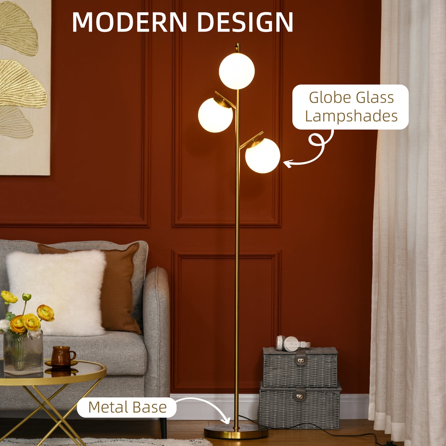 3-Light Tree Floor Lamps for Living Room, Modern Standing Lamp for Bedroom with Globe Lampshade, Steel Base