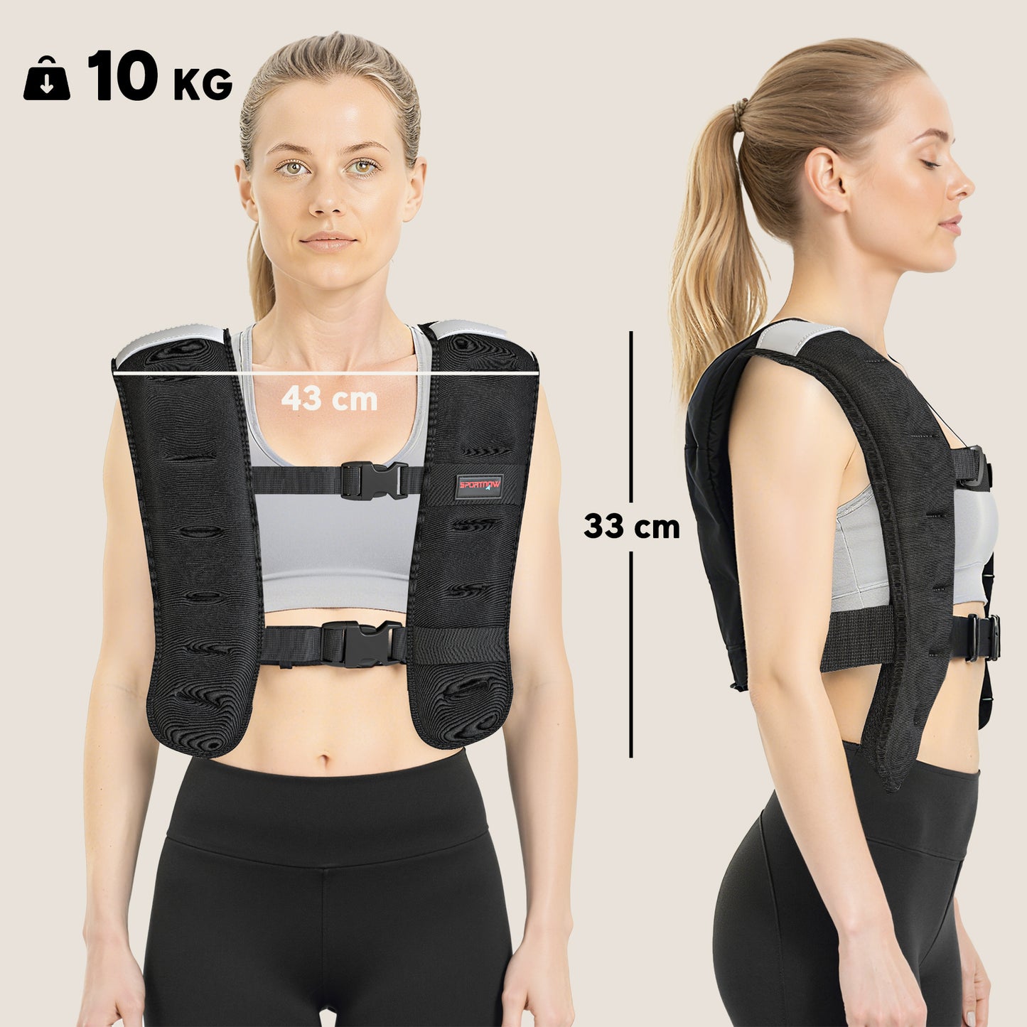 Weighted Vest, 10 kg Weight Vest with Adjustable Straps, Reflective Strips, Black