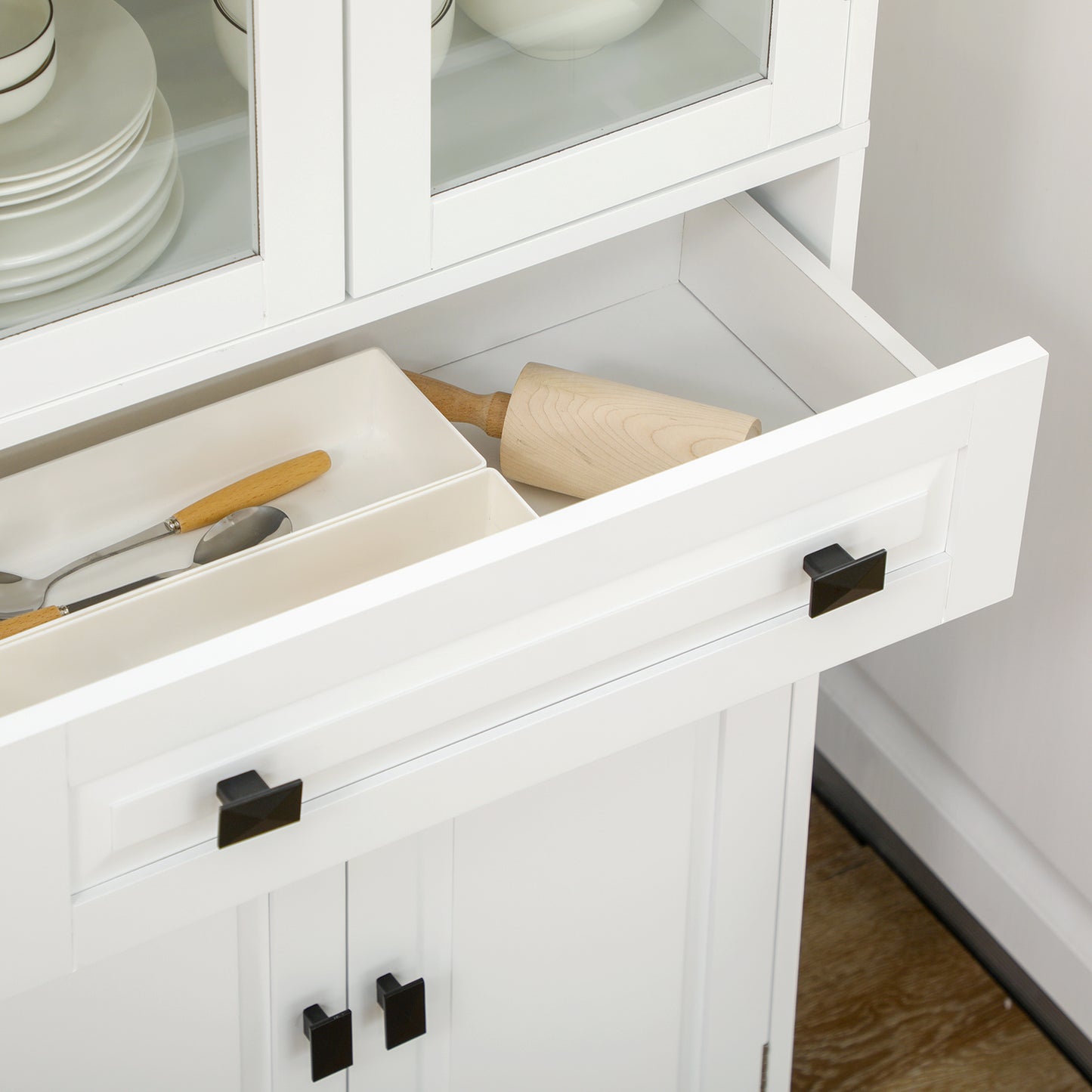 Kitchen Cupboard, Freestanding Storage Cabinet with 2 Adjustable Shelves, Drawer and Glass Door for Living Room, Dining Room