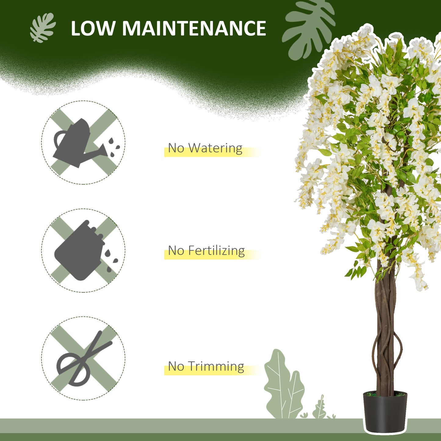 Artificial Plant White Wisteria Tree Faux Decorative Plant in Nursery Pot for Indoor Decor, 160cm