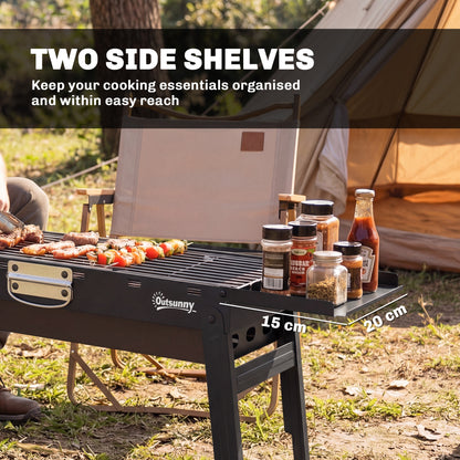 Portable BBQ Grill, Foldable Charcoal Grill for Camping and Picnics with 2 Side Shelves and Handle, Black