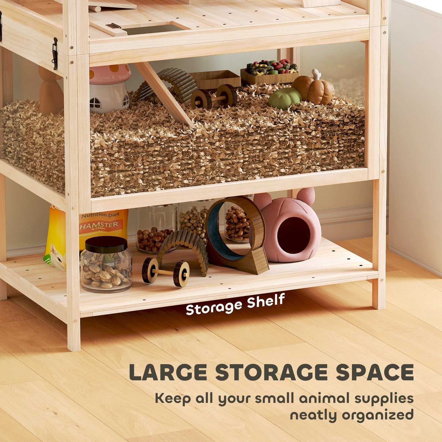 Wooden Hamster Cage with Detachable Lower Floor, Storage Shelf, Hut, Seesaw, Exercise Wheel, Ramps for Hamster