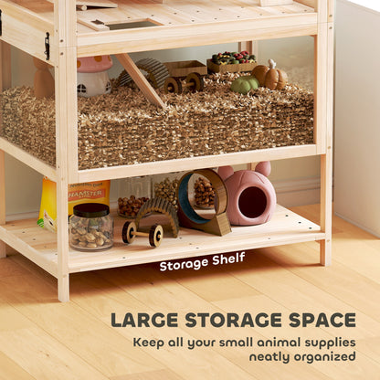 Wooden Hamster Cage with Detachable Lower Floor, Storage Shelf, Hut, Seesaw, Exercise Wheel, Ramps for Hamster
