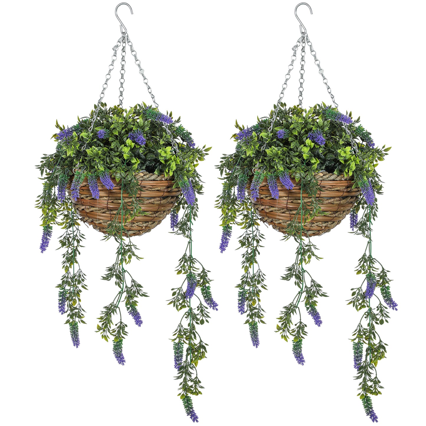 Set of 2 Decorative Artificial Plants, Faux Silk Lavender Flowers in Hanging Baskets